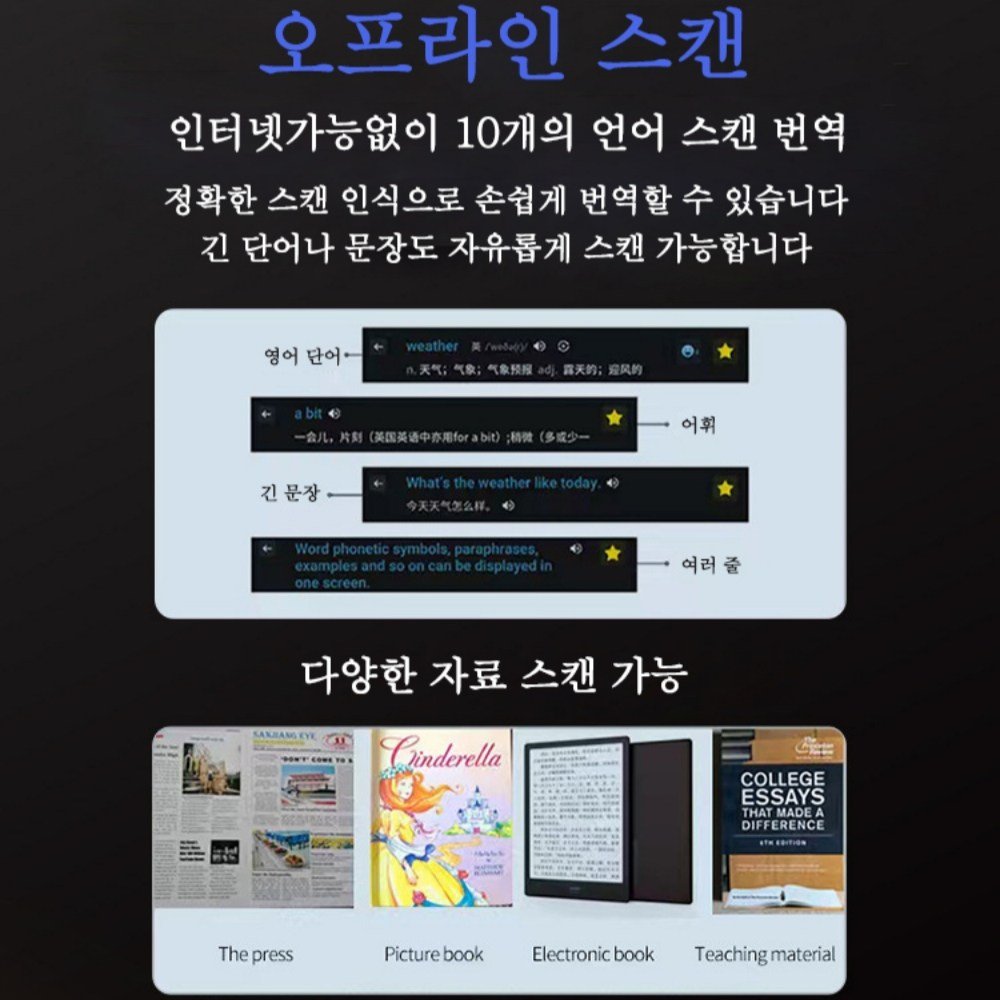 Mochae 스마트 번역기 142개국 AI 스캔번역기 휴대용 동시 통역기 전자사전 다국어 학습기기 번역펜 음성번역기 3.69인치, 블랙할인 상세 이미지 1